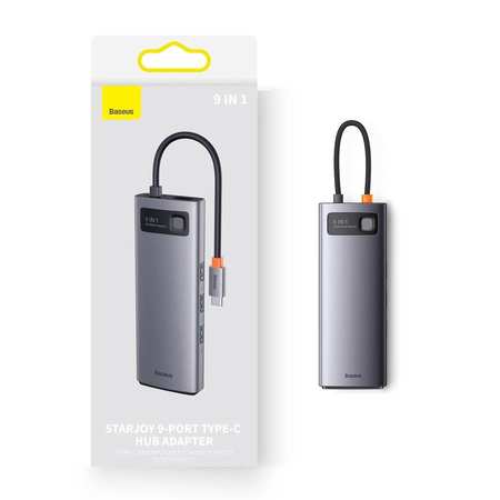 Baseus Metal Gleam Series Dockingstation HUB 9 in 1 USB Typ C - 2 x HDMI / 2 x USB 3.2 Gen. 1/1 x USB 2.0 / 1 x Stromversorgung / 1 x SD-Kartenleser / 1 x TF-Kartenleser / 1 x RJ-45 grau (WKWG060013)