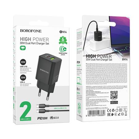 Borofone Ładowarka sieciowa BN14 Royal GaN - USB + Typ C - QC 3.0 PD 30W z kablem Typ C na Typ C czarna