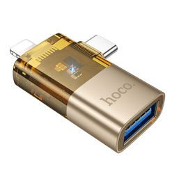 HOCO adapter OTG 2w1 Lightning (męski) / Typ C (męski) do USB A (żeński) UA36E złoty