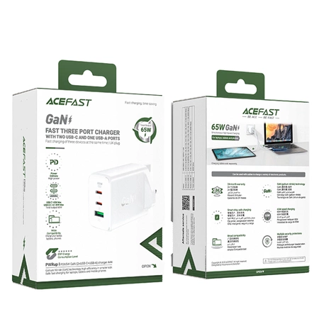 Acefast charger GaN 65W 3 ports (1xUSB, 2xUSB C PD) UK plug white (A44)