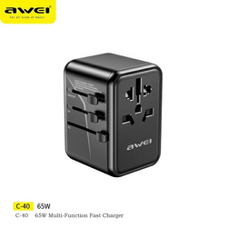 Awei Ład. siec. 2xUSB+3xUSB-C C-40 65W adapter 4w1 US/AU/EU/UK czarny/black Univesal Travel GaN Charger