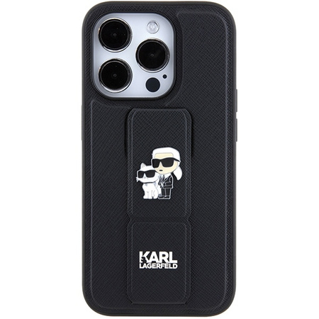 Etui Karl Lagerfeld Gripstand Saffiano Karl&Choupette Pins na iPhone 15 Pro - czarne