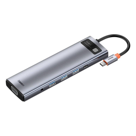 Baseus Metal Gleam 11w1 wielofunkcyjny HUB USB Typ C - 3x USB 3.2 Gen 1 5Gbps / USB Typ C PD 100W / 3,5 mm mini jack AUX / VGA Full HD 60Hz / 2x HDMI 4K 30Hz / czytnik kart TF i SD / RJ45 1Gbps szary (CAHUB-CT0G)