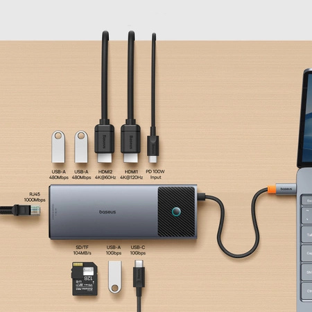 HUB 10in1 Baseus Metal Gleam Series II USB-C to HDMI 4K 120Hz / HDMI 4K 60Hz / USB-A 10Gb/s / 2xUSB-A 480Mb/s / USB-C 10Gb/s / RJ45 / SD / TF / USB-C PD - gray