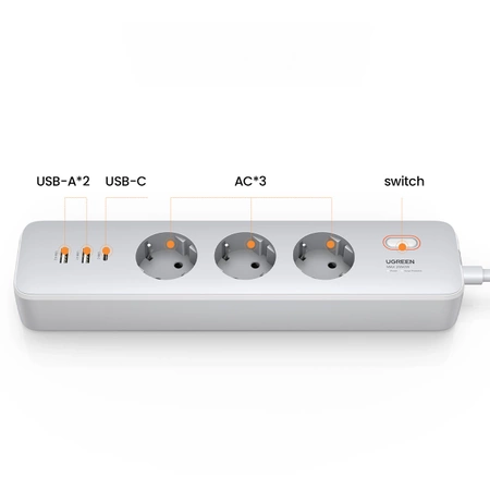 Ugreen CD286 Verlängerungskabel 3x AC 2x USB-A 1x USB-C 30W mit Schalter - Weiß