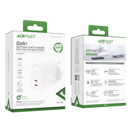 Acefast GaN charger (UK plug) 2x USB Type C 50W, Power Delivery, PPS, Q3 3.0, AFC, FCP (A32 UK)