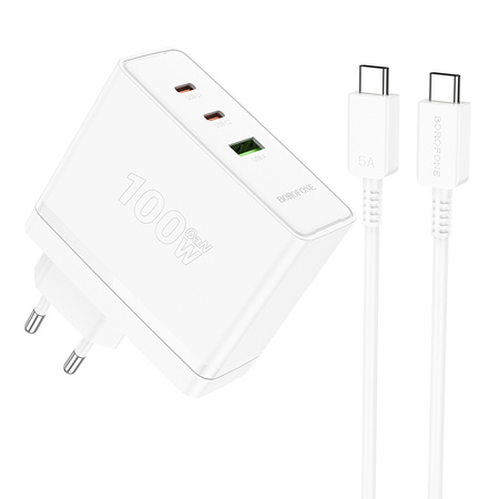 Borofone Ładowarka sieciowa BN11 Imperial - USB + 2xTyp C - QC 3.0 PD 100W z kablem Typ C na Typ C biała