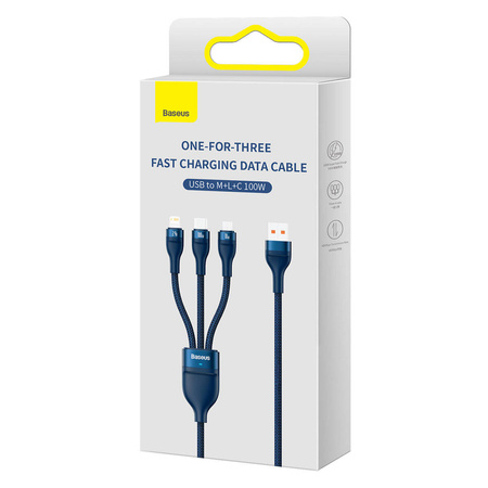 Baseus Flash Series Ⅱ One-for-three Fast Charging Data Cable USB to M+L+C 100W 1.2m Blue