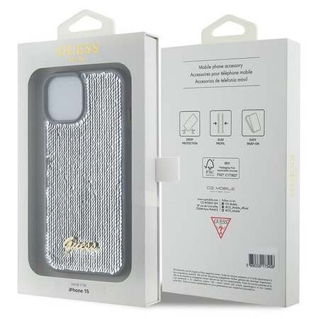 Guess Sequin Script Metal case for iPhone 15 - silver