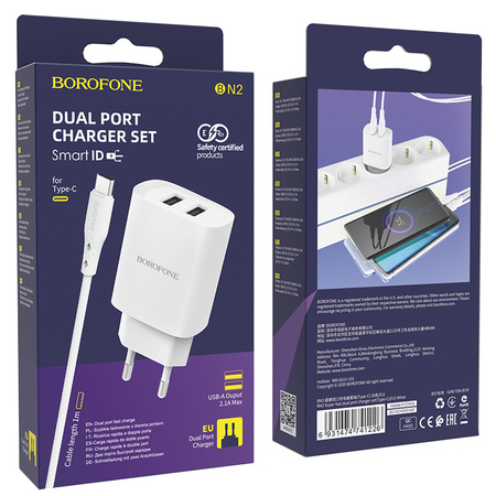 Borofone Ładowarka sieciowa BN2 Super - 2xUSB - 2,1A z kablem USB na Typ C biała