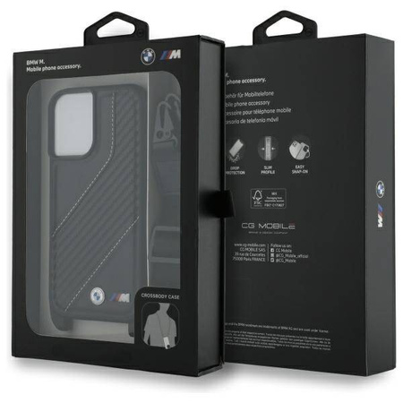 Original Handyhülle IPHONE 16 BMW Hardcase M Edition Carbon Stripe & Strap (BMHCP16S23PSCCK) schwarz