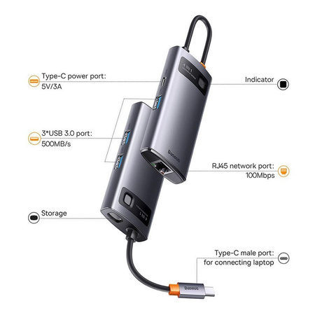 Baseus Metal Gleam Series HUB 4-in-1-USB-Typ-C-Dockingstation – 3 x USB 3.2 Gen. 1 / RJ45 (WKWG070113)