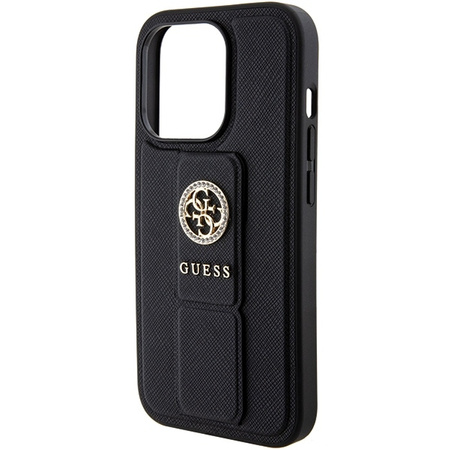 Guess Grip Stand 4G Saffiano Strass Hülle für iPhone 15 Pro Max - Schwarz