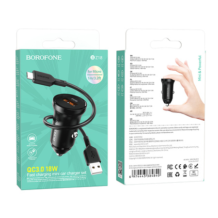 Borofone Ładowarka samochodowa BZ18 - USB - QC 3.0 18W z kablem USB na Micro USB czarna