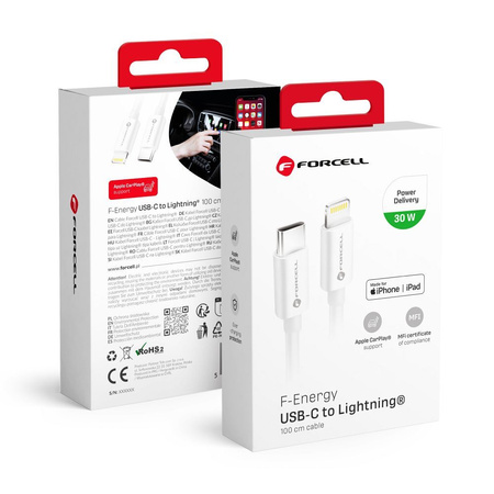 FORCELL kabel Typ C do Lightning 8-pin MFi 3A/9V 30W (Max) C901 1m biały