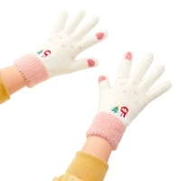 Women's winter telephone gloves with a snowman and a Christmas tree - white and pink