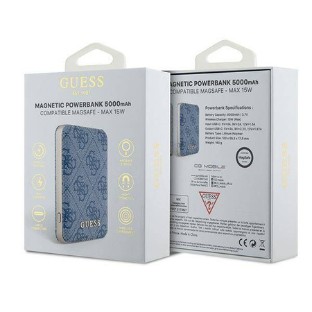 Guess Induction Powerbank 15W GUPB5FP4EMGB 5000mAh blue/blue 4G Leather Metal Logo MagSafe