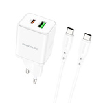 Borofone Ładowarka sieciowa BN7 - USB + Typ C - QC 3.0 PD 20W z kablem Typ C na Typ C biała