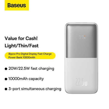 Baseus Bipow Pro powerbank 10000mAh 22.5W + USB 3A cable 0.3m white (PPBD040002)