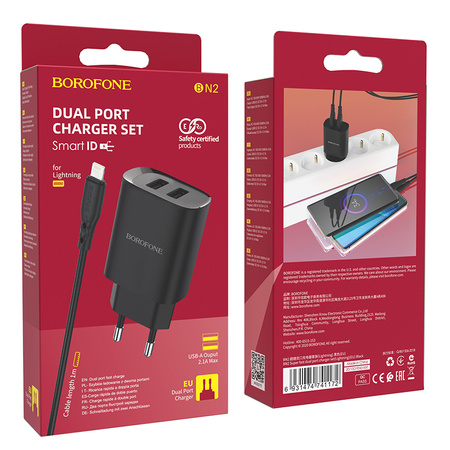 Borofone Ładowarka sieciowa BN2 Super - 2xUSB - 2,1A z kablem USB na Lightning czarna