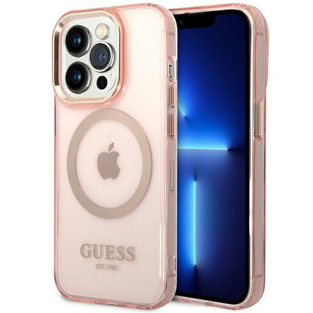 Oryginalne Etui IPHONE 14 PRO MAX Guess Hard Case Gold Outline Translucent MagSafe (GUHMP14XHTCMP) różowe