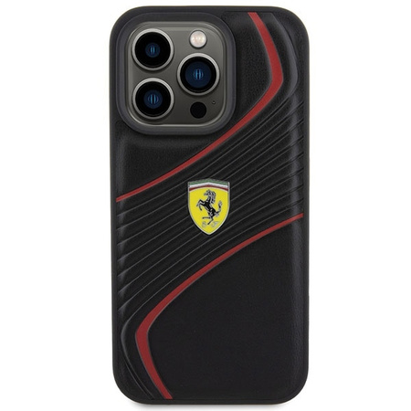 Ferrari Twist Metal Logo Hülle für iPhone 15 Pro – Schwarz