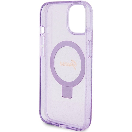 Guess Ring Stand Script Glitter MagSafe case for iPhone 15 - purple