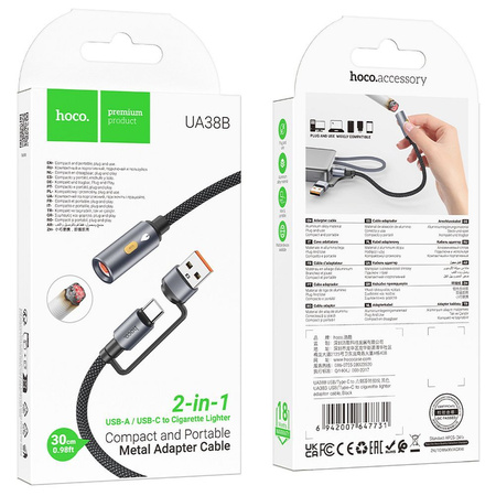 HOCO kabel USB A / Typ C do zapalniczka samochodowa UA38B 0,3 m czarny