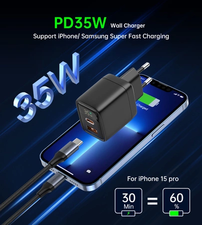 Choetech PD6052 USB-C USB-A PD 35W GaN Wandladegerät mit Display – Schwarz