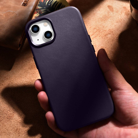 iCarer Case Leather genuine leather case cover for iPhone 14 Plus dark purple (MagSafe compatible)