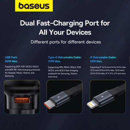 Baseus Enjoyment USB-A car charger with USB-C / Lightning 60W cable - black