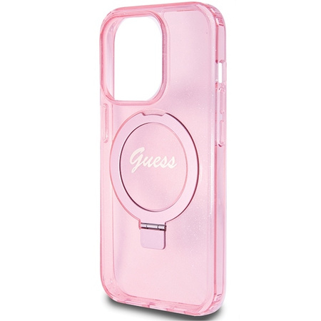 Guess Ring Stand Script Glitter MagSafe case for iPhone 15 Pro - pink