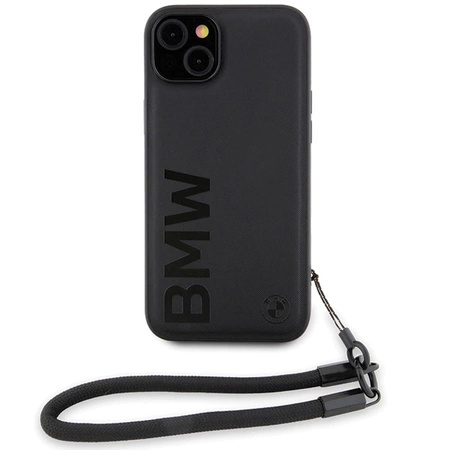 BMW Signature Leather Wordmark Cord Case for iPhone 15/14/13 - Black