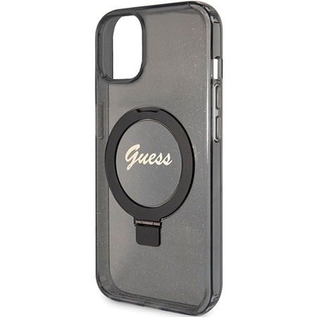 Guess Ring Stand Script Glitter MagSafe case for iPhone 15 - black