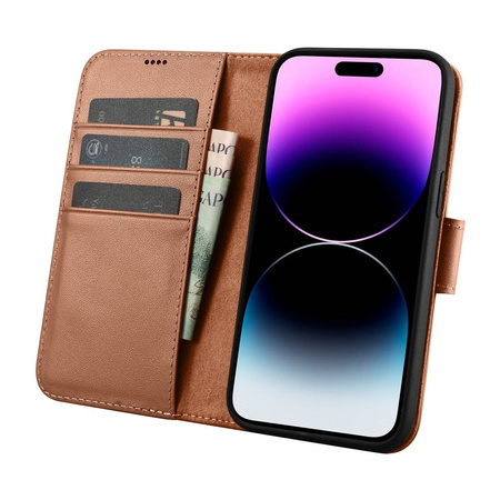 iCarer Wallet Case 2in1 etui iPhone 14 Pro Max skórzany pokrowiec z klapką Anti-RFID brązowy (WMI14220728-BN)