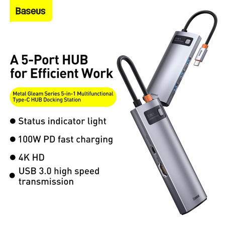 Baseus Metal Gleam 5w1 wielofunkcyjny HUB USB Typ C - USB Typ C Power Delivery 100 W / HDMI 4K 30 Hz / 3x USB 3.2 Gen 1 Szary (CAHUB-CX0G)