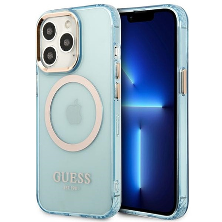 Oryginalne Etui IPHONE 13 PRO MAX Guess Hard Case Gold Outline Translucent MagSafe (GUHMP13XHTCMB) niebieskie