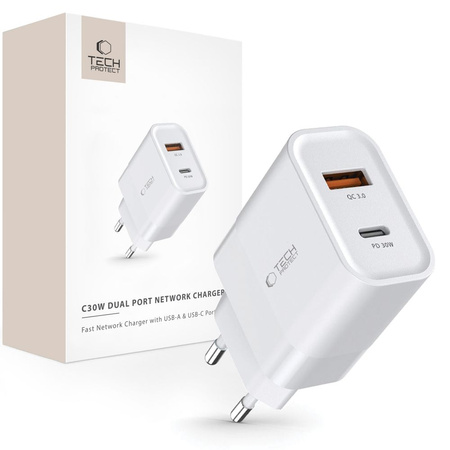 Charger 30W USB QC3.0 + USB-C PD Tech-Protect C30W white