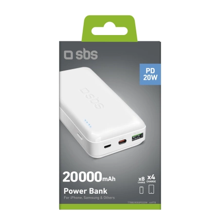 Powerbank SBS TTBB20000PD20W 20000 mAh 20W Power Delivery with MicroUSB, USB-C, USB-A - white