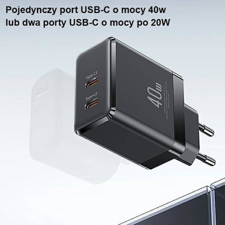 USAMS Ład. siec. 2xUSB-C T54 40W (only head) PD Fast Charging czarny/black CC172TC01 (US-CC172)