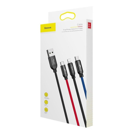 Baseus Three Primary Colors kabel 3w1 USB - micro USB / Lightning / USB-C w nylonowym oplocie 3.5A 1,2M czarny (CAMLT-BSY01)