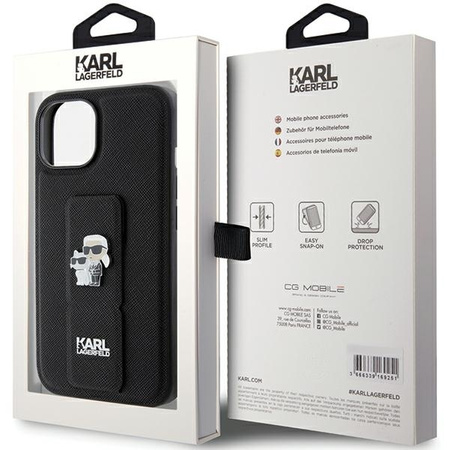 Karl Lagerfeld Gripstand Saffiano Karl&amp;Choupette Pins case for iPhone 15 Plus / 14 Plus - black