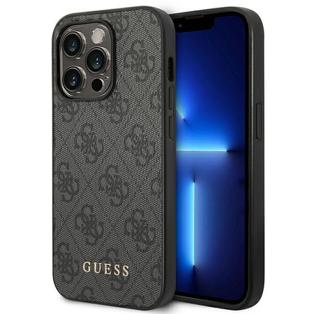 Guess GUHCP14LG4GFGR iPhone 14 Pro 6,1" szary/grey hard case 4G Metal Gold Logo