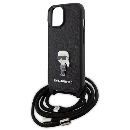 Karl Lagerfeld Crossbody Saffiano Monogram Metal Pin Karl &amp; Choupette Case for iPhone 15 - Black