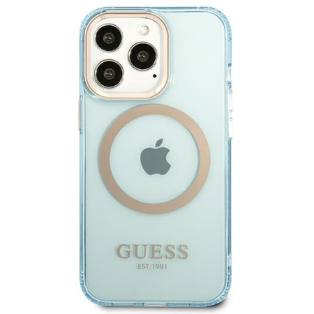 Original Case IPHONE 13 PRO Guess Hard Case Gold Outline Translucent MagSafe (GUHMP13LHTCMB) blue