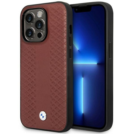 Original Handyhülle IPHONE 14 PRO BMW Leather Diamond Pattern MagSafe (BMHMP14L22RFGR) burgund