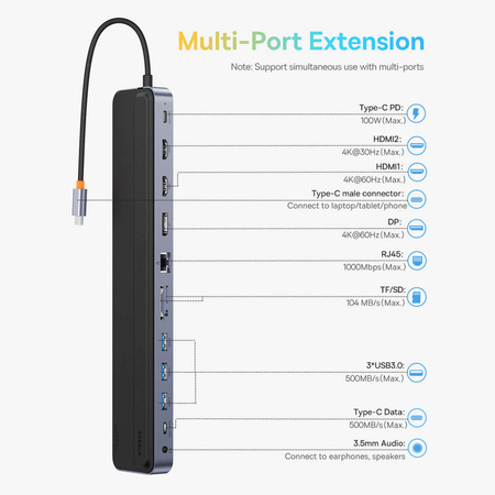 Baseus EliteJoy Gen2 Universal USB HUB 12in1 mit USB-C Kabel 25cm Notebookständer USB-A / USB-C / DP / HDMI / SD / TF / RJ45 / 3,5mm Klinke / PD 100W grau (WKSX030213)