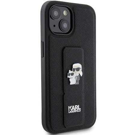 Karl Lagerfeld Gripstand Saffiano Karl&amp;Choupette Pins case for iPhone 15 Plus / 14 Plus - black