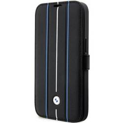 Oryginalne Etui IPHONE 14 PRO BMW Bookcase Leather Stamp Blue Lines (BMBKP14L22RVSK) czarne