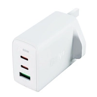 Acefast charger GaN 65W 3 ports (1xUSB, 2xUSB C PD) UK plug white (A44)